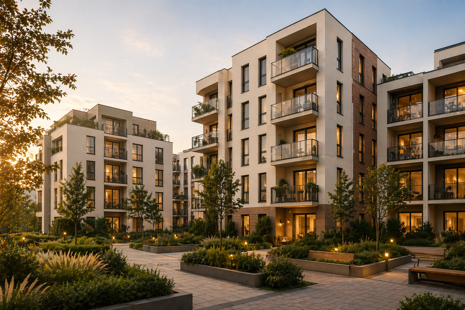 Modern residential apartments at golden hour