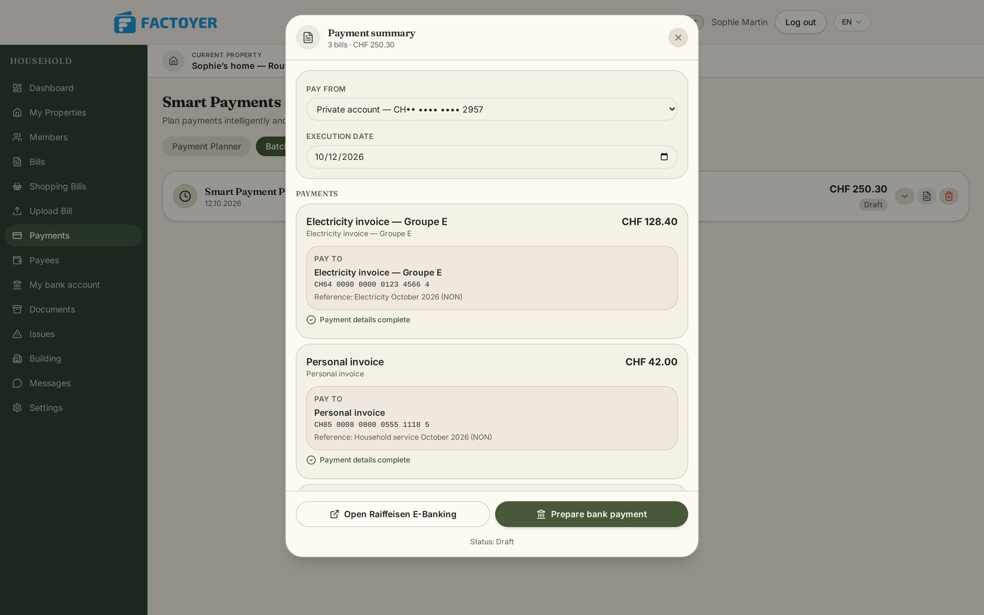 Factoyer payment summary checking payee IBANs and QR references before the bank payment is prepared